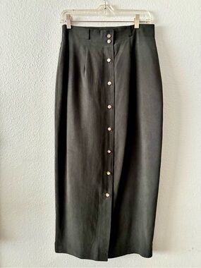 Seta Studios 10/40 💯 Silk 90s Minimalist High-Waist BLK Button-Front Maxi Skirt